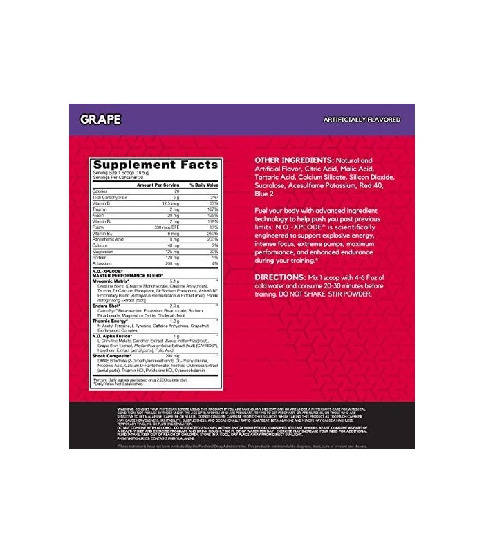 BSN N.O.-XPLODE Pó Pré Treino, Suplemento Energético para Homens e Mulheres com Creatina e Beta-Alanina, Sabor: Uva, 30 Porções