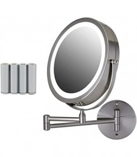 Ovente 6.8 Espelho de maquiagem para montagem na parede, lupa 1X e 10X, LED redondo ajustável de dupla face, braço extensível, r