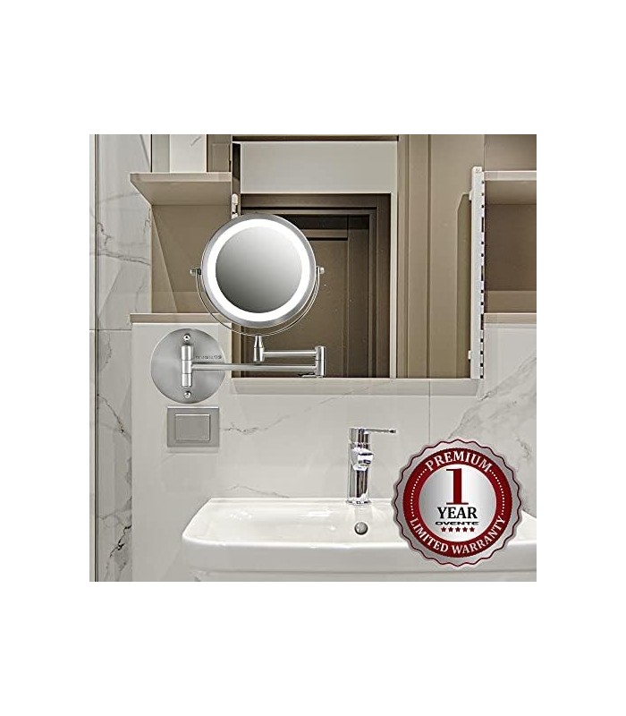 Ovente 6.8 Espelho de maquiagem para montagem na parede, lupa 1X e 10X, LED redondo ajustável de dupla face, braço extensível, r