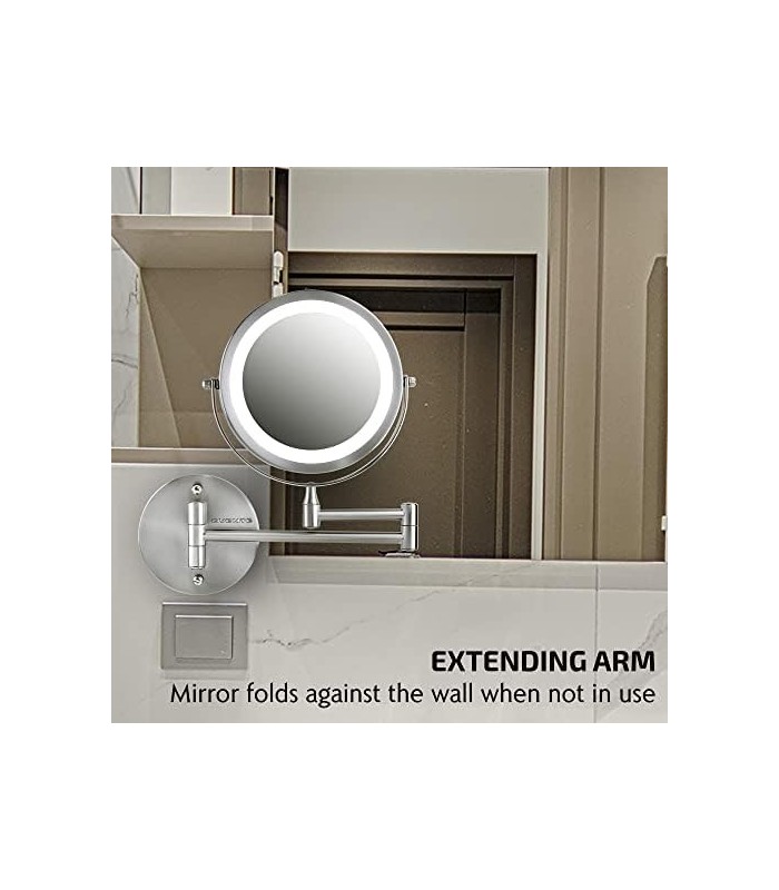 Ovente 6.8 Espelho de maquiagem para montagem na parede, lupa 1X e 10X, LED redondo ajustável de dupla face, braço extensível, r