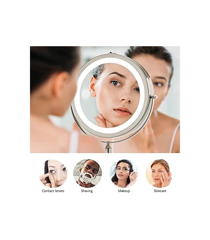 Ovente 6.8 Espelho de maquiagem para montagem na parede, lupa 1X e 10X, LED redondo ajustável de dupla face, braço extensível, r