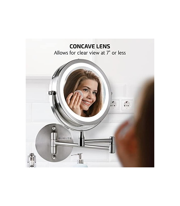Ovente 6.8 Espelho de maquiagem para montagem na parede, lupa 1X e 10X, LED redondo ajustável de dupla face, braço extensível, r