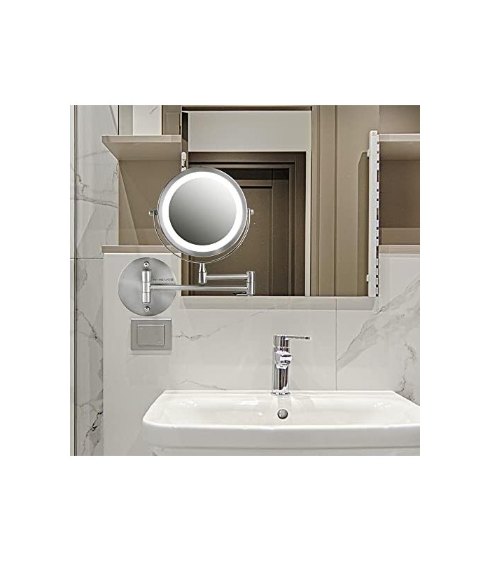 Ovente 6.8 Espelho de maquiagem para montagem na parede, lupa 1X e 10X, LED redondo ajustável de dupla face, braço extensível, r