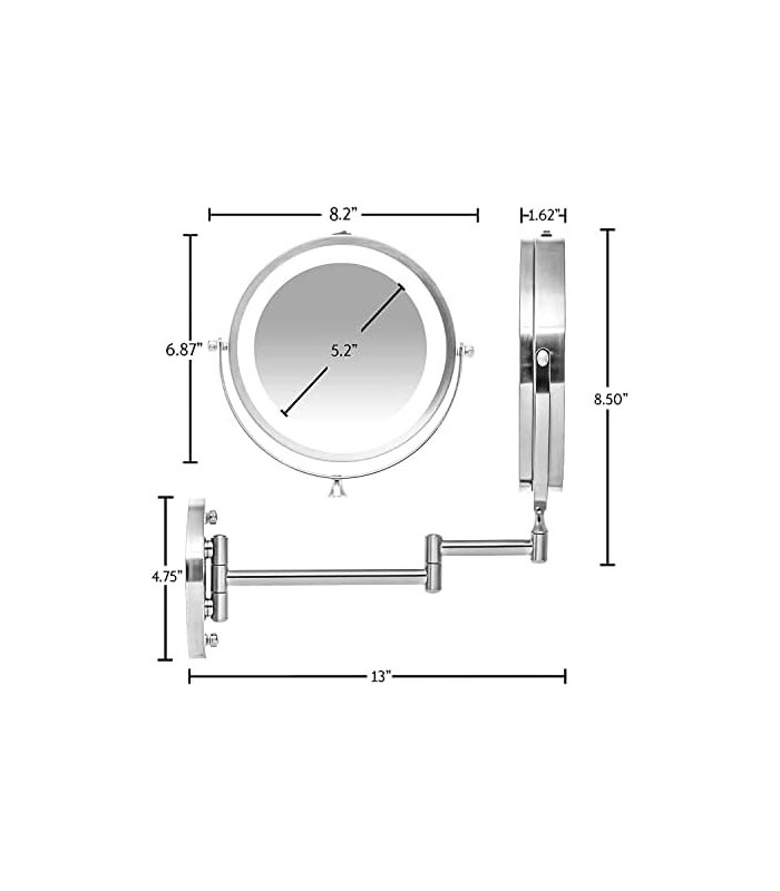 Ovente 6.8 Espelho de maquiagem para montagem na parede, lupa 1X e 10X, LED redondo ajustável de dupla face, braço extensível, r