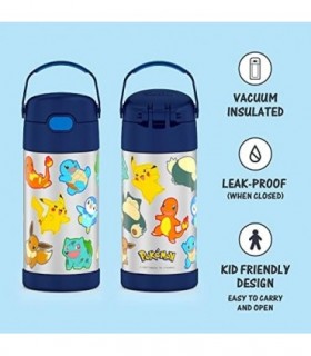 THERMOS FUNTAINER 12 onças de aço inoxidável isolado a vácuo garrafa de palha para crianças, Pokemon