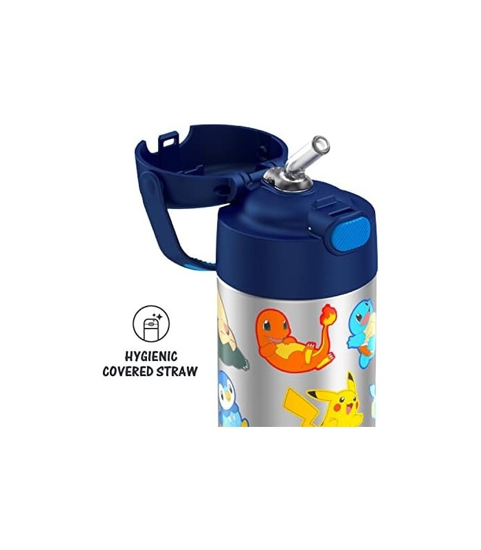 THERMOS FUNTAINER 12 onças de aço inoxidável isolado a vácuo garrafa de palha para crianças, Pokemon