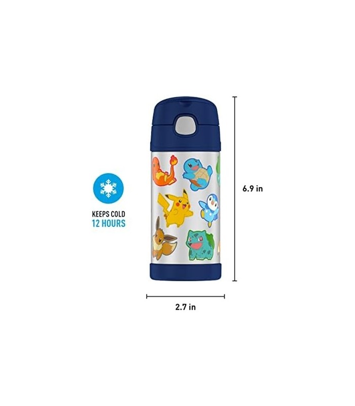 THERMOS FUNTAINER 12 onças de aço inoxidável isolado a vácuo garrafa de palha para crianças, Pokemon
