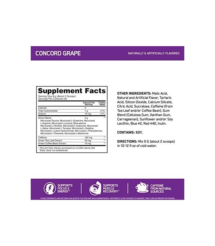 Optimum Nutrition Amino Energy - Pré Treino com Chá Verde, BCAA, Aminoácidos, Keto Friendly, Extrato de Café Verde, Energy Powde