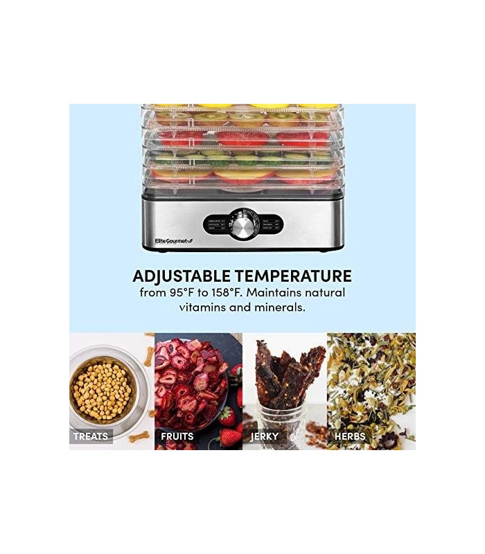 Desidratador de alimentos Elite Gourmet EFD3321, bandejas de aço inoxidável, controles de temperatura ajustáveis, carne seca, er