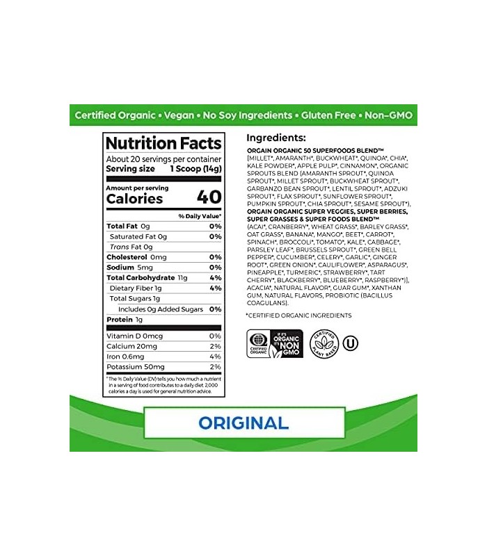 Pó de Superalimentos Verdes Orgânicos Orgânicos, - Antioxidantes, 1 bilhão de Probióticos, Vegan, Sem Laticínios, Sem Glúten, Ko