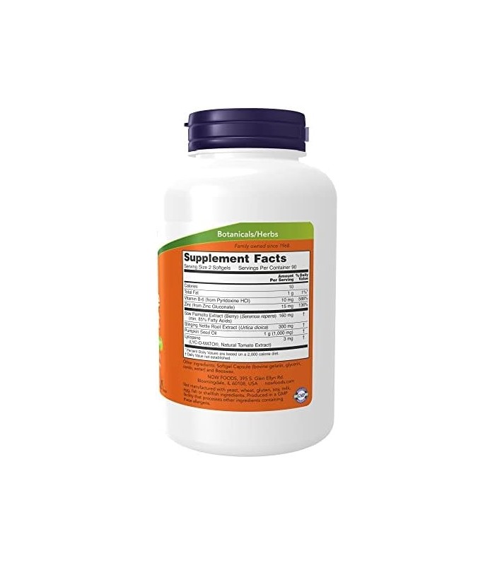 Suplementos  NOW, suporte de próstata, suporte de próstata, com Saw Palmetto padronizado, urtiga e licopeno, 180 cápsulas moles