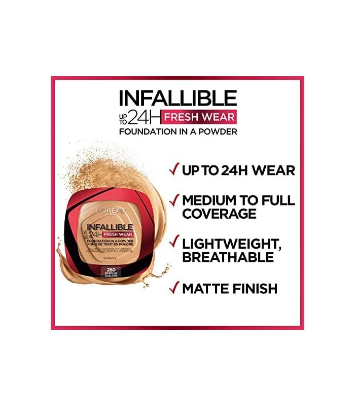 LOreal Paris Infallible Fresh Wear Foundation em pó, até 24 horas de uso, 245 Radiant Honey, 0,31 oz.