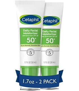 CETAPHIL Hidratante Facial Diário SPF 50, 1,7 fl oz Pacote com 2, Hidratante Facial Suave Para Tipos de Pele Seca a Normal, Sem