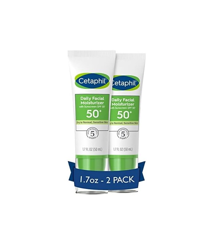 CETAPHIL Hidratante Facial Diário SPF 50, 1,7 fl oz Pacote com 2, Hidratante Facial Suave Para Tipos de Pele Seca a Normal, Sem