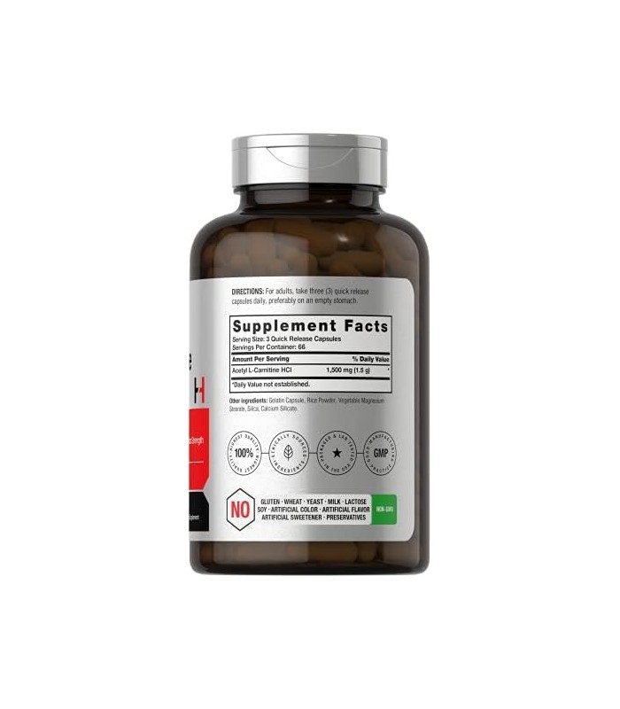 Acetil L-Carnitina 1500 mg 200 Cápsulas | ALCAR | Não transgênico, sem glúten | por Horbaach