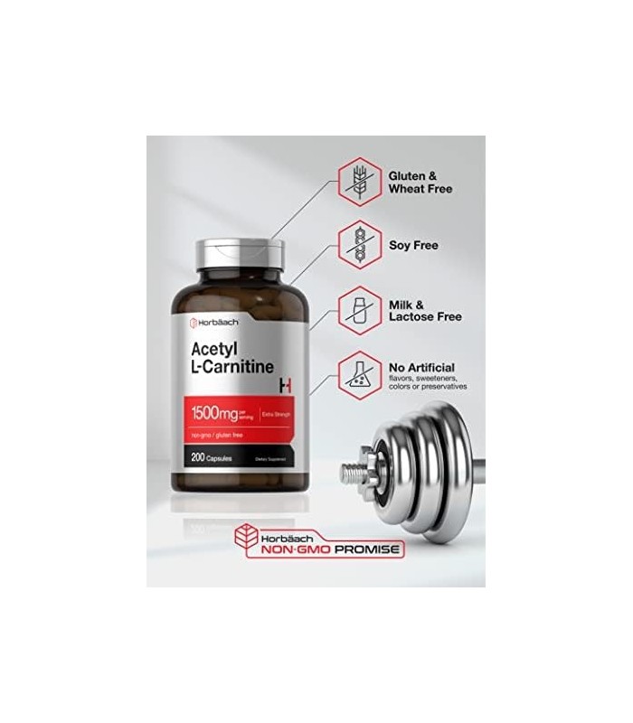 Acetil L-Carnitina 1500 mg 200 Cápsulas | ALCAR | Não transgênico, sem glúten | por Horbaach