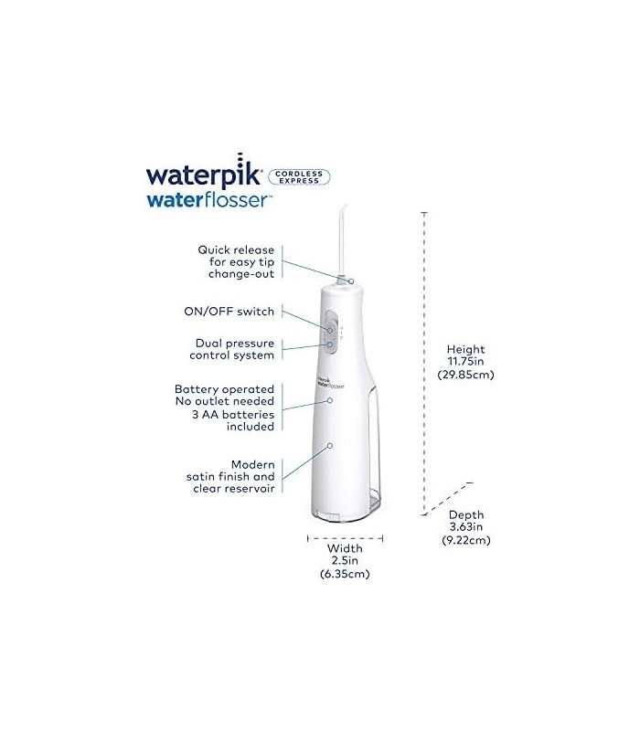 Waterpik Cordless Water Flosser, operado por bateria e portátil para viagens e casa, ADA Aceito Cordless Express, Branco WF-02