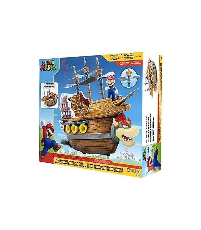 Playset Super Mario Deluxe Bowsers Air Ship com Mario Action - Sons autênticos do jogo e hélices giratórias