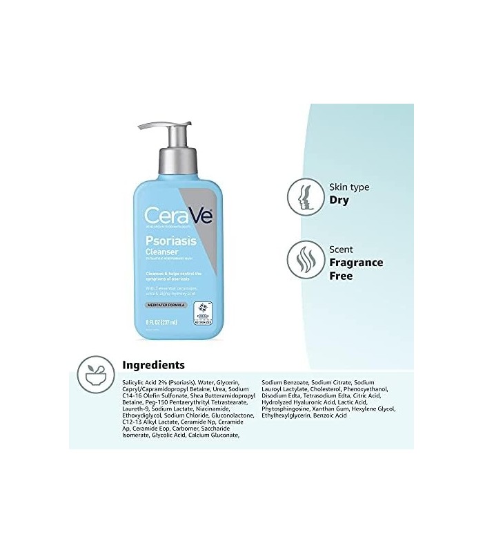 CeraVe Cleanser para tratamento de psoríase | Com Ácido Salicílico para Alívio da Coceira da Pele Seca e Ácido Lático para Esfol