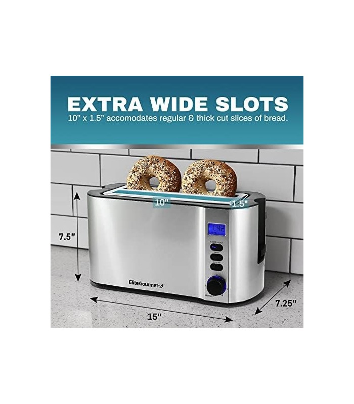Elite Gourmet ECT4400B Torradeira de 4 fatias com slot longo, cronômetro de contagem regressiva, função de bagel, 6 configuraçõe