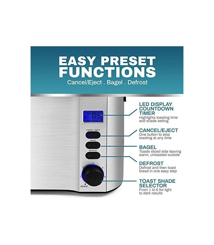 Elite Gourmet ECT4400B Torradeira de 4 fatias com slot longo, cronômetro de contagem regressiva, função de bagel, 6 configuraçõe