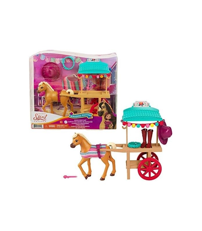 Mattel Spirit Untamed Miradero Riding Gear Carrinho com rodas giratórias, canopy, pônei de 5 polegadas e acessórios relacionados