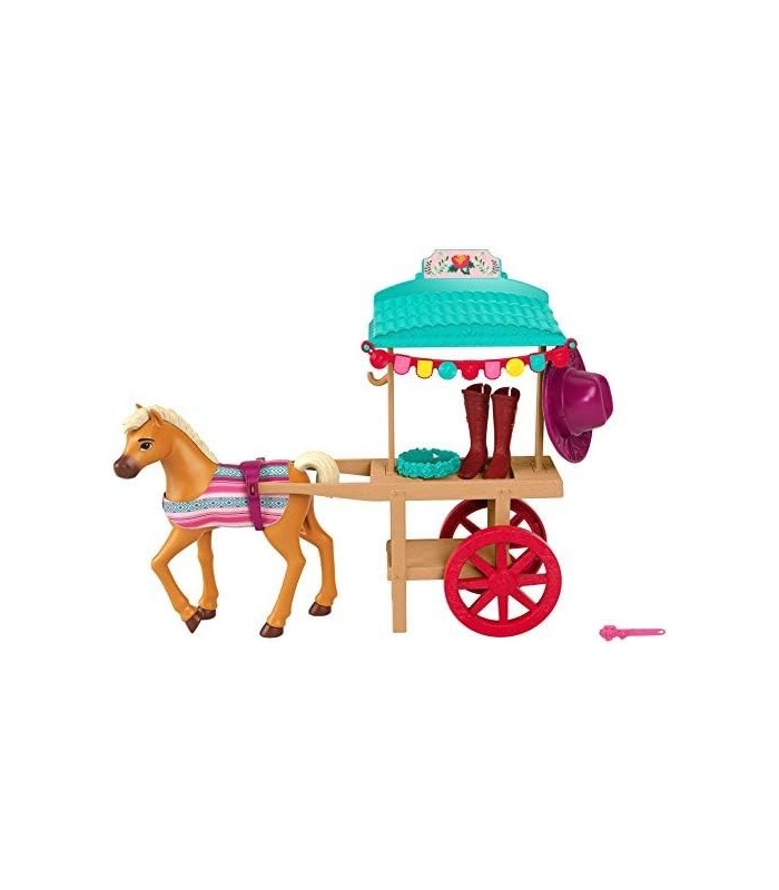 Mattel Spirit Untamed Miradero Riding Gear Carrinho com rodas giratórias, canopy, pônei de 5 polegadas e acessórios relacionados