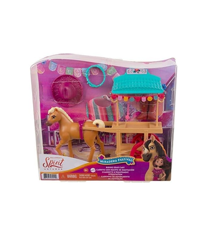 Mattel Spirit Untamed Miradero Riding Gear Carrinho com rodas giratórias, canopy, pônei de 5 polegadas e acessórios relacionados
