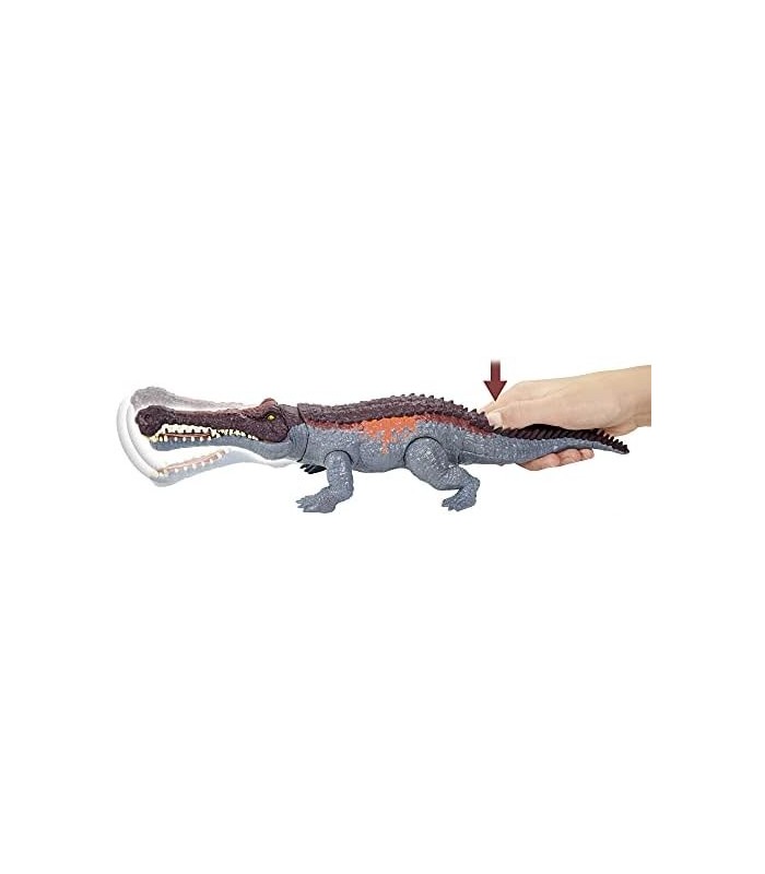 Jurassic World Massive Biters Ação de dinossauro Sarcosuchus de tamanho maior com ataque ativado pela cauda e ação de mastigar,