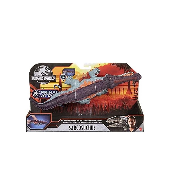 Jurassic World Massive Biters Ação de dinossauro Sarcosuchus de tamanho maior com ataque ativado pela cauda e ação de mastigar,
