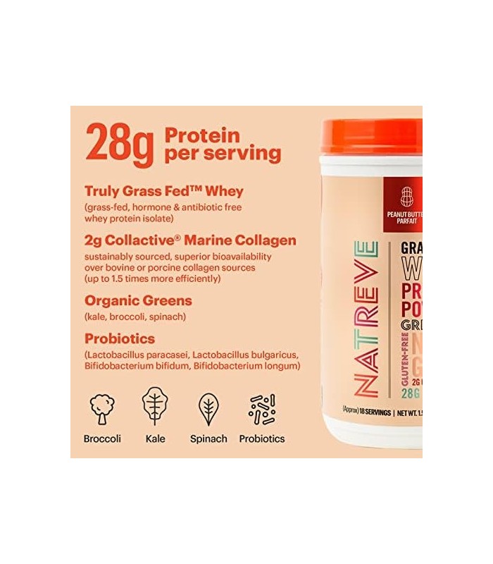 Natreve Whey Protein Powder - 28g Proteína Whey Alimentada com Grama com Aminoácidos, Probióticos e Colágeno - Parfait de Mantei