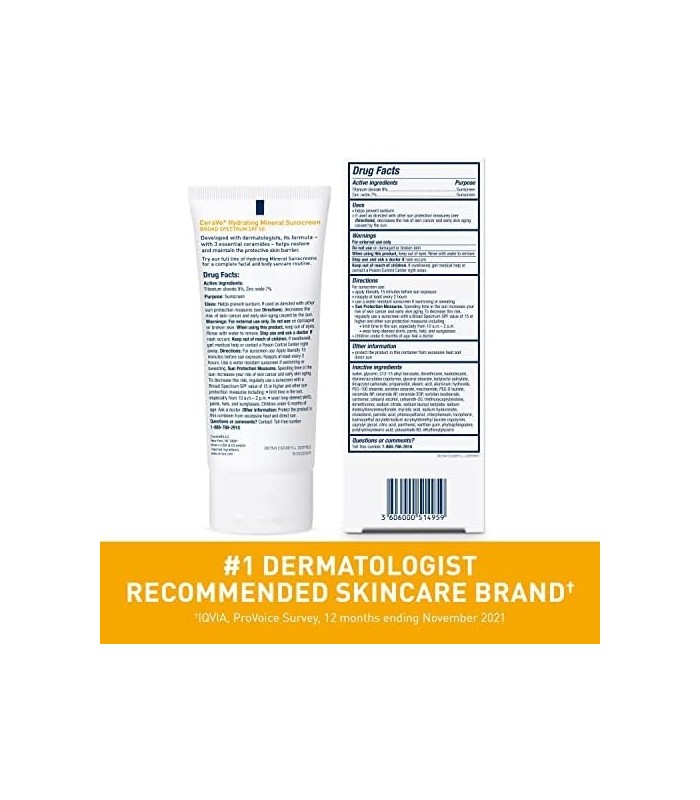 CeraVe Protetor Solar 100% Mineral FPS 50 | Protetor Solar Facial com Óxido de Zinco e Dióxido de Titânio para Peles Sensíveis |