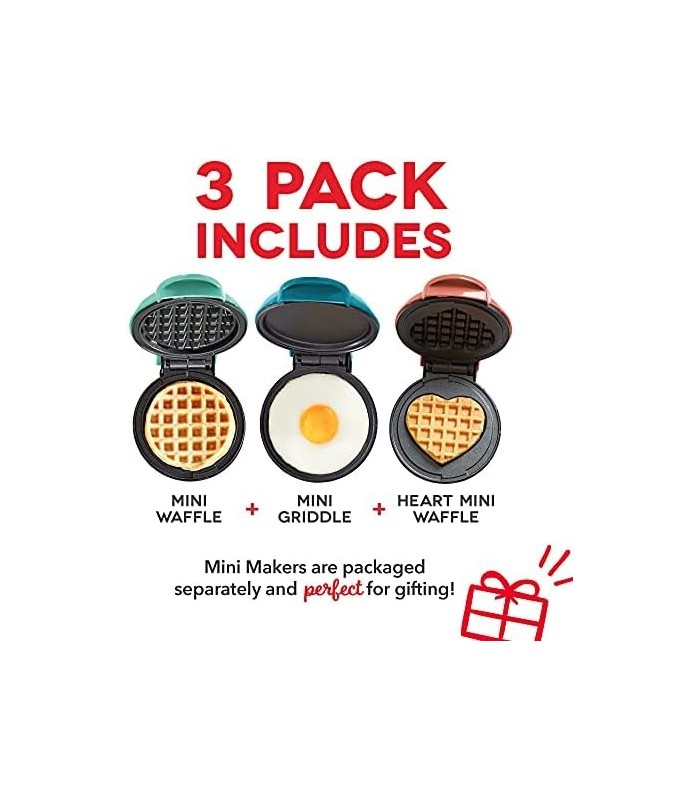 Conjunto de 3 pacotes de Mini Maker DASH, Mini Waffle Maker + Mini Waffle Maker em forma de coração + Mini Maker Griddle