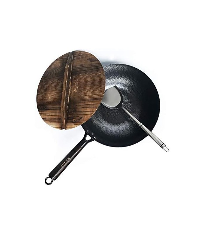 Wok de Aço Carbono para Fogões Elétricos, de Indução e a Gás (Tampa, Espátula e Vídeo Guia do Usuário Inclusos)