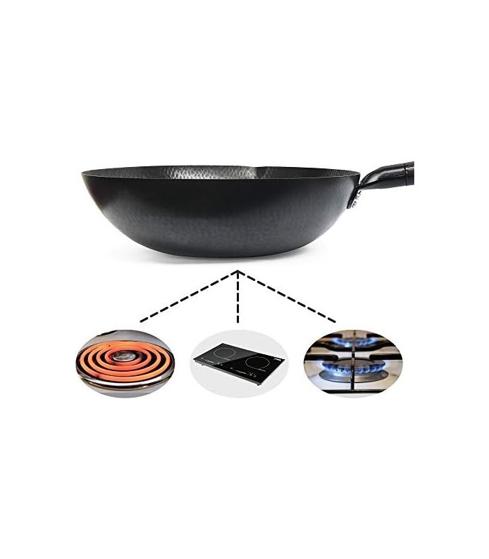 Wok de Aço Carbono para Fogões Elétricos, de Indução e a Gás (Tampa, Espátula e Vídeo Guia do Usuário Inclusos)
