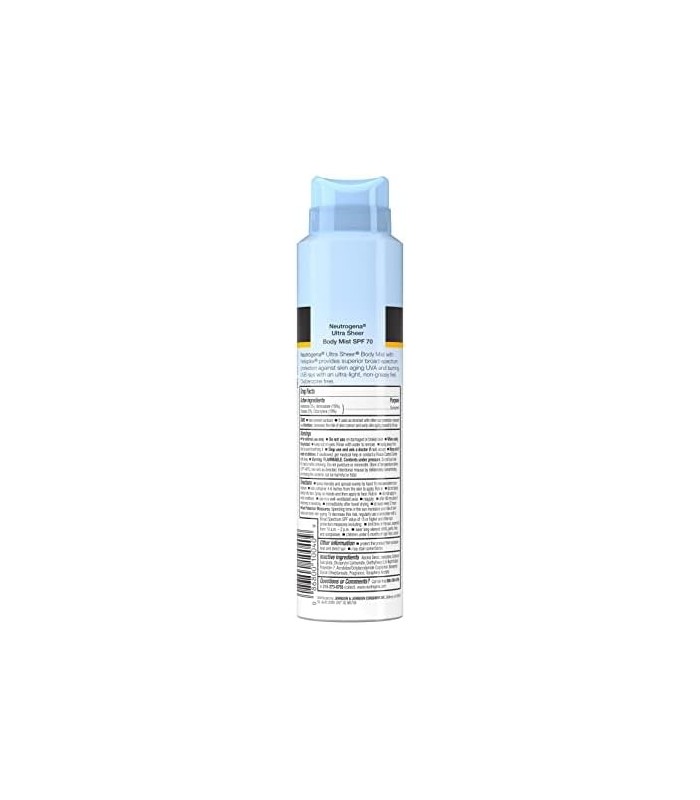 Neutrogena Ultra Sheer Body Mist Protetor Solar Spray de amplo espectro SPF 70, Não gorduroso e resistente à água, sem óleo e nã