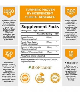 Cúrcuma Curcumina com BioPerine & Gengibre 95% Curcuminóides 1950mg - Suporte Inflamatório Natural das Articulações, Pimenta Pre
