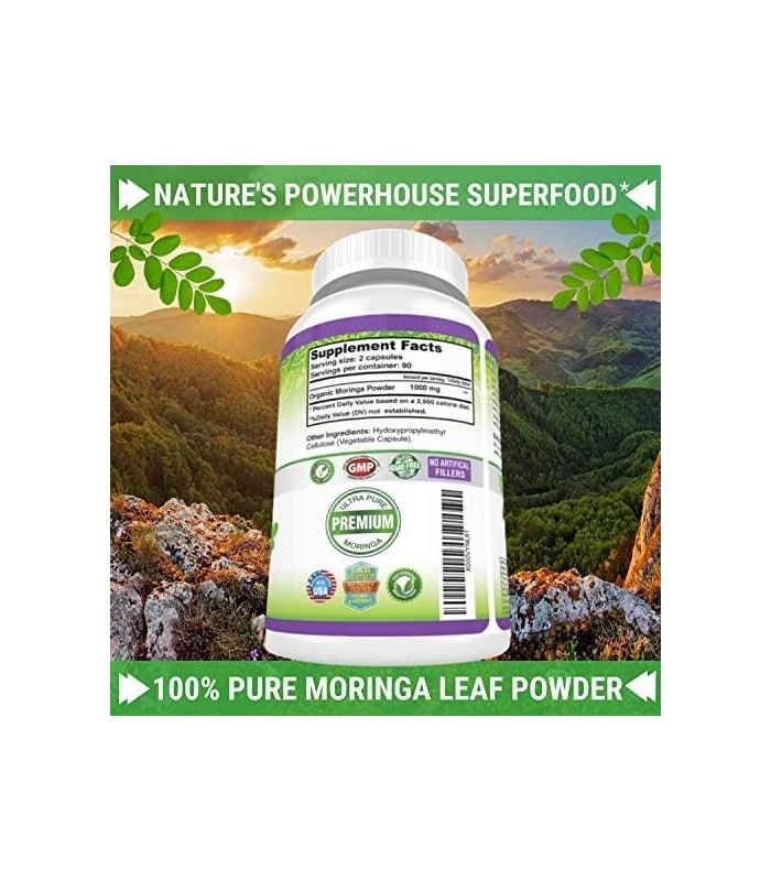 Moringa Oleifera 180 Cápsulas ' 100% Pó de Folha Pura ' Fornecimento de 3 meses ' Não OGM e Sem Glúten ' Suplemento Superaliment