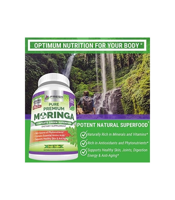 Moringa Oleifera 180 Cápsulas ' 100% Pó de Folha Pura ' Fornecimento de 3 meses ' Não OGM e Sem Glúten ' Suplemento Superaliment