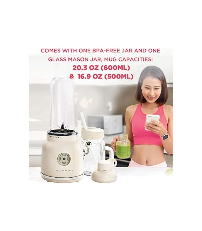 ESMM100-CREAM Retro Smoothie Maker Blender com Mason Jar, Perfeito para Shakes e Smoothies, 300 Watts, Creme