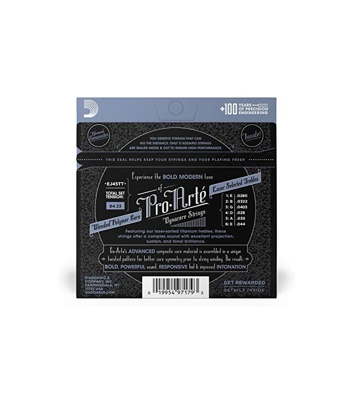 DAddario Guitar Strings - Pro-Arte Classical Guitar Strings - EJ45TT Dynacore - Envoltório banhado a prata, Dynacore composto, a