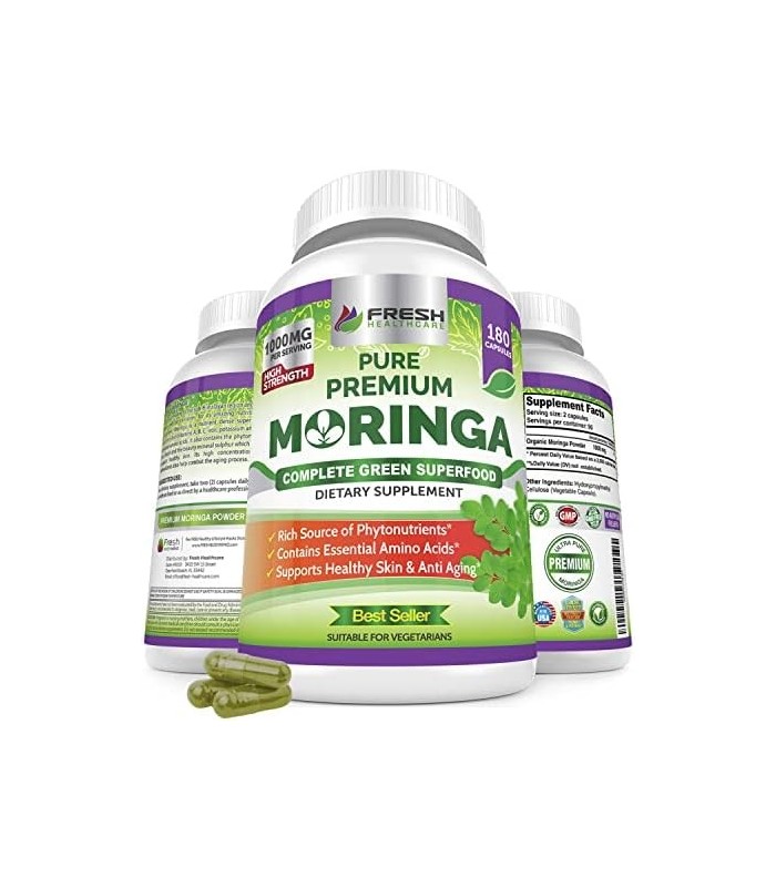 Moringa Oleifera 180 Cápsulas ' 100% Pó de Folha Pura ' Fornecimento de 3 meses ' Não OGM e Sem Glúten ' Suplemento Superaliment