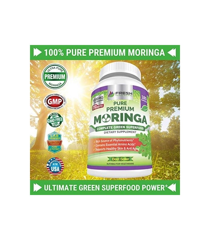 Moringa Oleifera 180 Cápsulas ' 100% Pó de Folha Pura ' Fornecimento de 3 meses ' Não OGM e Sem Glúten ' Suplemento Superaliment