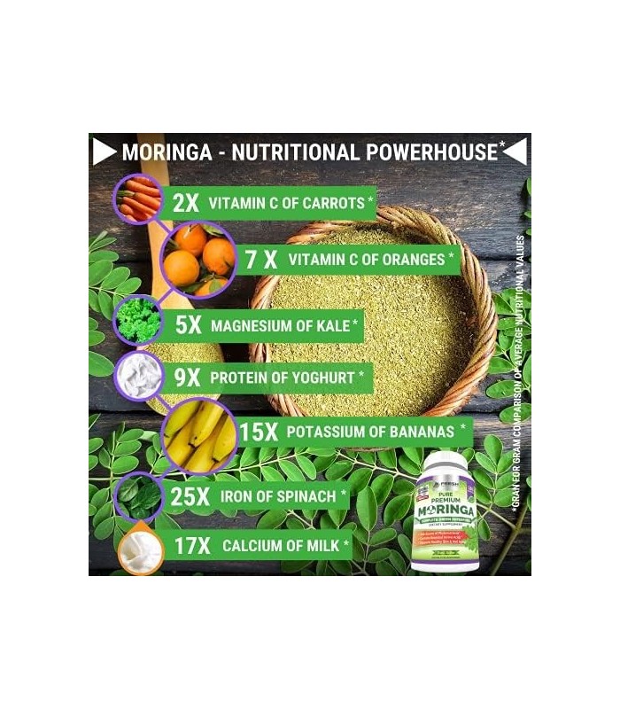 Moringa Oleifera 180 Cápsulas ' 100% Pó de Folha Pura ' Fornecimento de 3 meses ' Não OGM e Sem Glúten ' Suplemento Superaliment