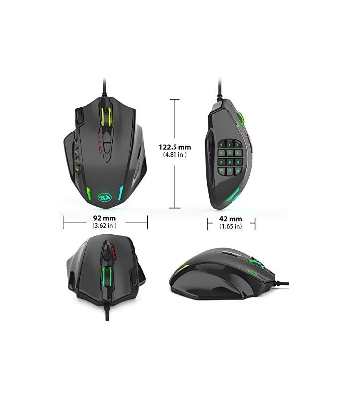 Mouse Redragon M908 Impact RGB LED MMO com botões laterais, mouse óptico com fio para jogos com 12.400 DPI, precisão, 20 botões