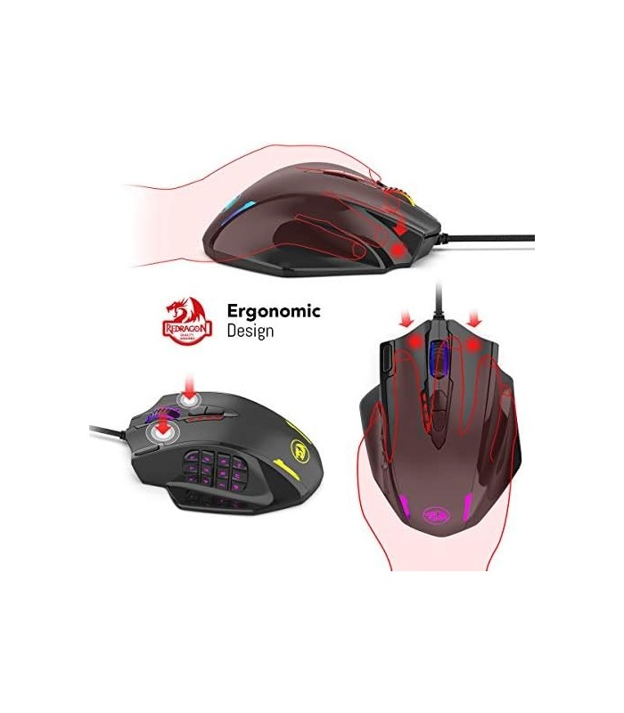 Mouse Redragon M908 Impact RGB LED MMO com botões laterais, mouse óptico com fio para jogos com 12.400 DPI, precisão, 20 botões