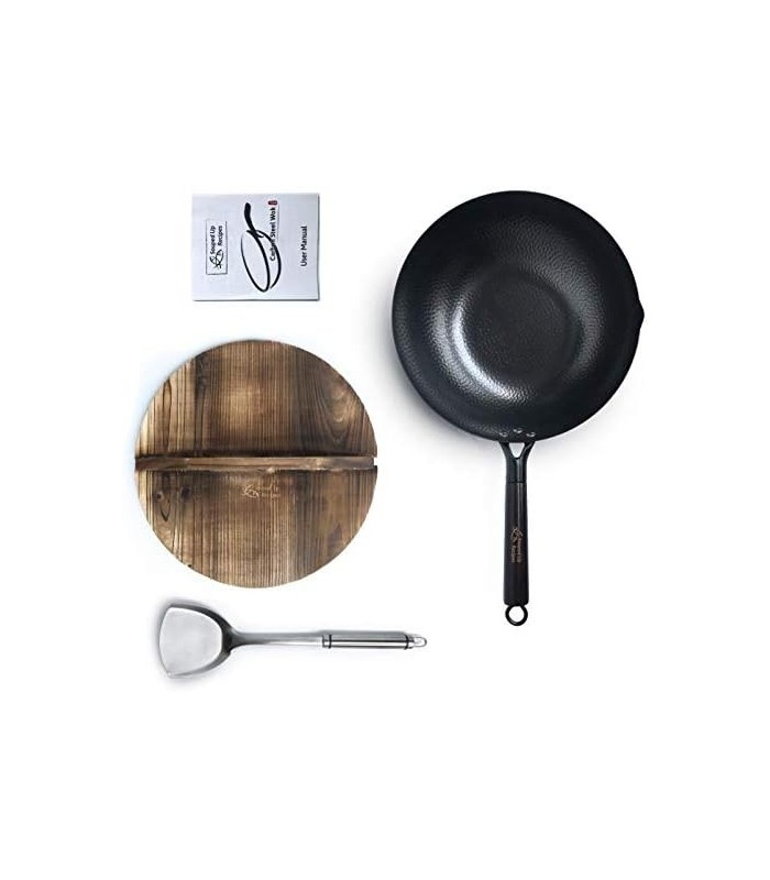 Wok de Aço Carbono para Fogões Elétricos, de Indução e a Gás (Tampa, Espátula e Vídeo Guia do Usuário Inclusos)