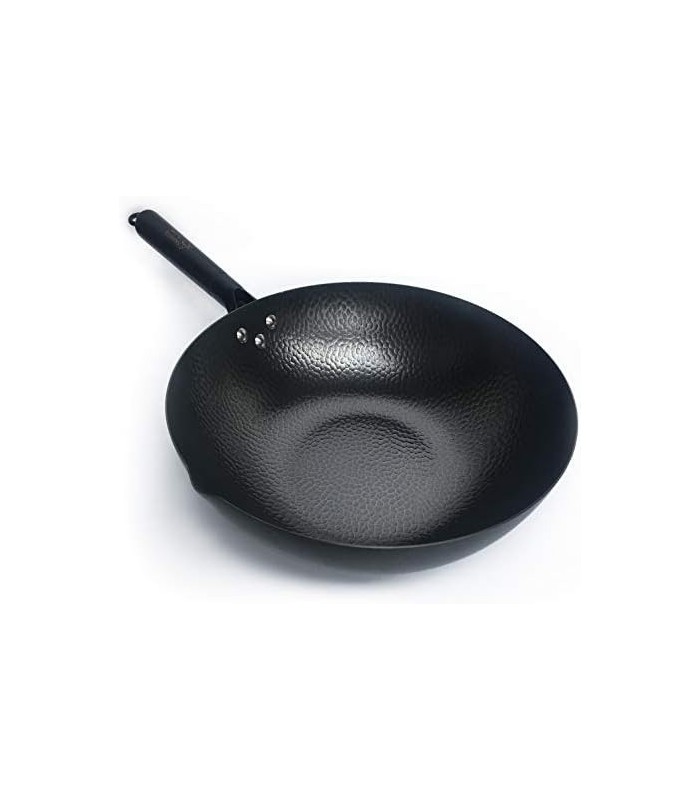 Wok de Aço Carbono para Fogões Elétricos, de Indução e a Gás (Tampa, Espátula e Vídeo Guia do Usuário Inclusos)