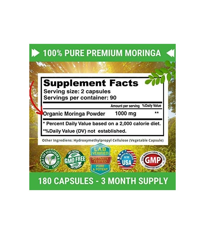 Moringa Oleifera 180 Cápsulas ' 100% Pó de Folha Pura ' Fornecimento de 3 meses ' Não OGM e Sem Glúten ' Suplemento Superaliment