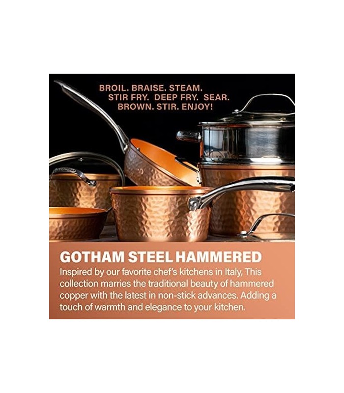 Coleção de cobre martelado de aço Gotham ' frigideira antiaderente de 10" com tampa, utensílios de cozinha premium, composição d
